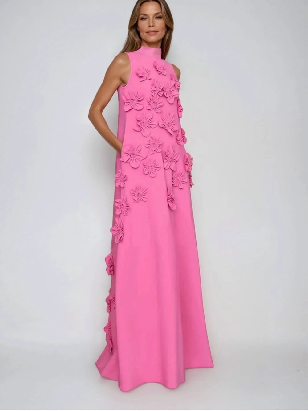 Sleeveless Pink Maxi Dress with 3D Floral Appliqués